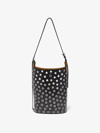Front image of Brant Bucket Bag in Eyelet Covered Smooth Calf in Black