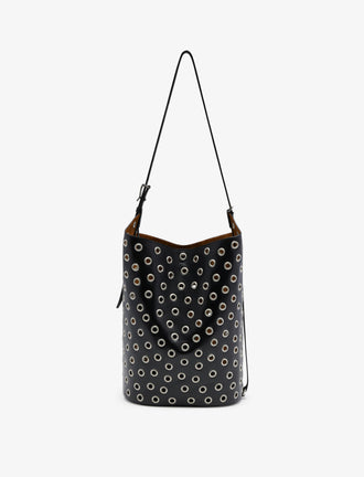 Back image of Brant Bucket Bag in Eyelet Covered Smooth Calf in Black