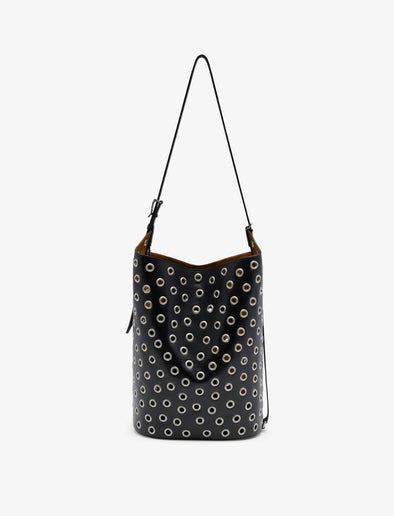 Back image of Brant Bucket Bag in Eyelet Covered Smooth Calf in Black