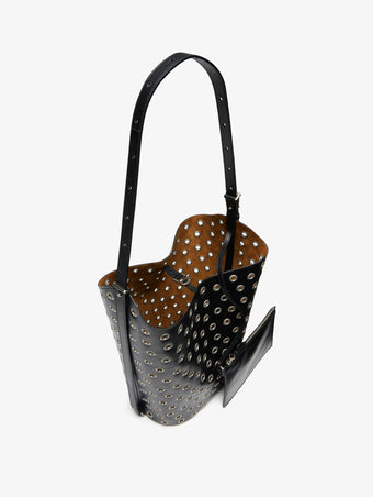 Aerial image of Brant Bucket Bag in Eyelet Covered Smooth Calf in Black