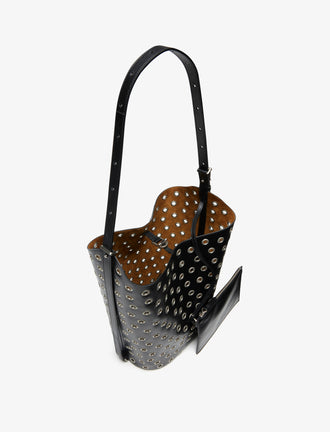Aerial image of Brant Bucket Bag in Eyelet Covered Smooth Calf in Black