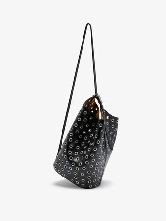 Front crossbody image of Brant Bucket Bag in Eyelet Covered Smooth Calf in black