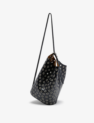 Front crossbody image of Brant Bucket Bag in Eyelet Covered Smooth Calf in black