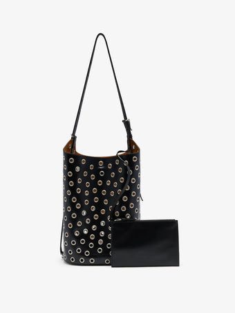 Front image of Brant Bucket Bag in Eyelet Covered Smooth Calf in black with pouch removed