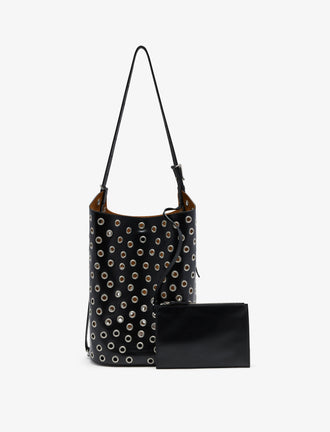 Front image of Brant Bucket Bag in Eyelet Covered Smooth Calf in black with pouch removed