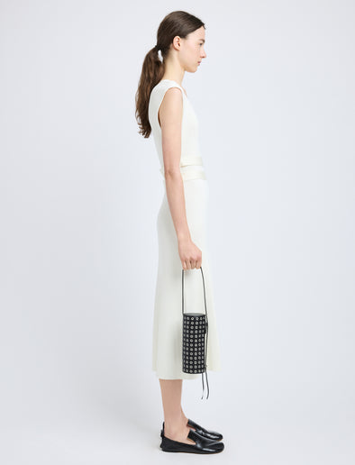 Image of model wearing Silo Bag in Eyelet Covered Nappa in Black