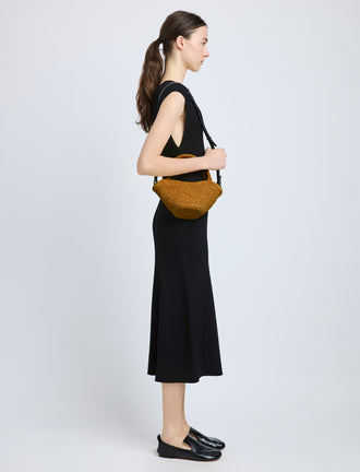 Image of model wearing Small Chelsea Tote in Natural Raffia in Honey