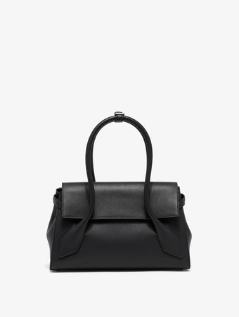 Front image of Small Tate Bag in Black with sides cinched