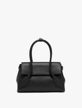 Front image of Small Tate Bag in Black with sides cinched
