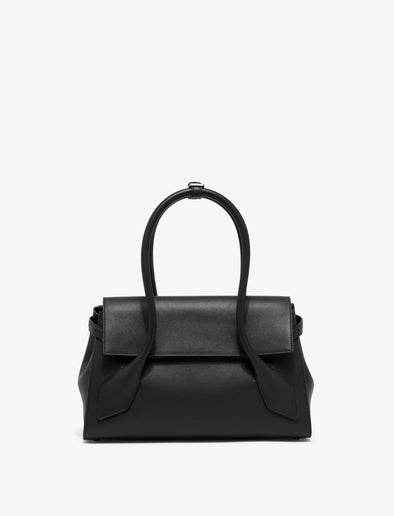 Front image of Small Tate Bag in Black with sides cinched