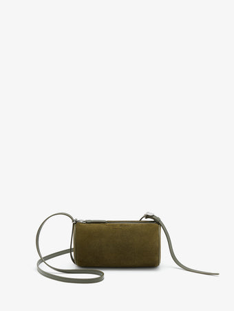 Proenza Schouler Front image of Crossbody Silo Bag in Kid Suede in Olive with strap folded down