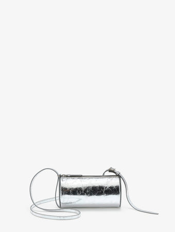 Front image of Crossbody Silo Bag in Silver with strap folded down