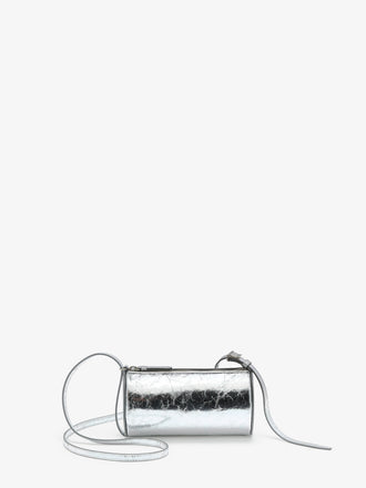 Front image of Crossbody Silo Bag in Silver with strap folded down