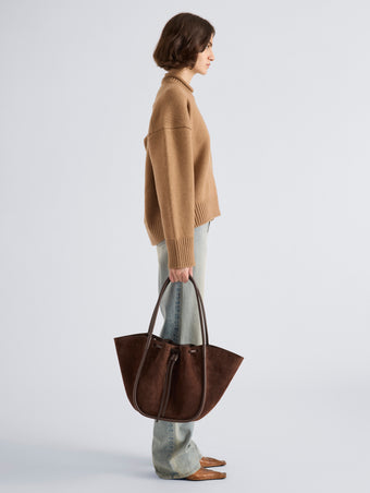 Proenza Schouler Image of model wearing Large Ruched Tote in Soft Suede in Chocolate