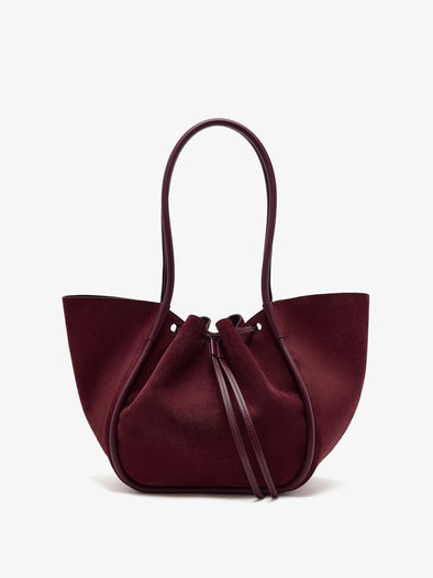 Proenza Schouler Front Still Life image of Large Ruched Tote in Soft Suede in Oxblood