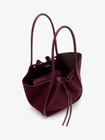 Proenza Schouler Aerial Still Life image of Large Ruched Tote in Soft Suede in Oxblood