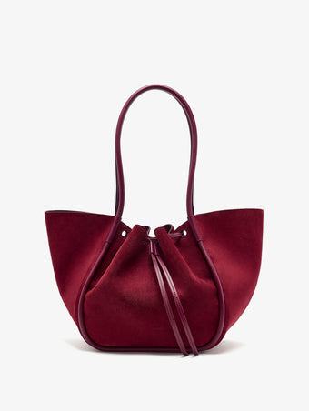 Front image of Large Ruched Tote in Soft Suede in Merlot