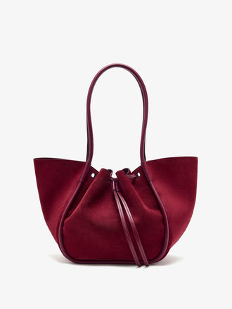 Front image of Large Ruched Tote in Soft Suede in Merlot