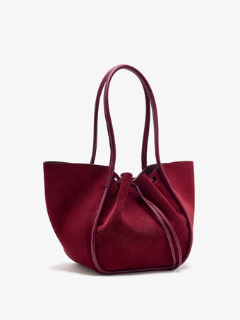 Side image of Large Ruched Tote in Soft Suede in Merlot