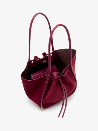 Aerial image of Large Ruched Tote in Soft Suede in Merlot