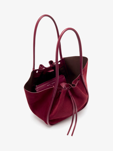 Aerial image of Large Ruched Tote in Soft Suede in Merlot
