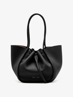 Front image of Large Ruched Tote in Soft Pebbled Calf in Black