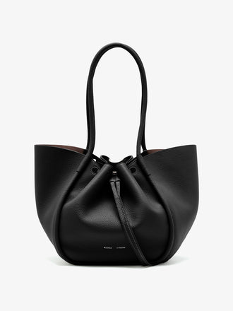 Front image of Large Ruched Tote in Soft Pebbled Calf in Black