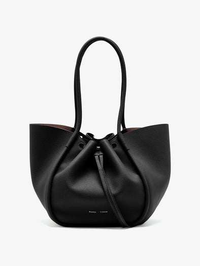 Front image of Large Ruched Tote in Soft Pebbled Calf in Black