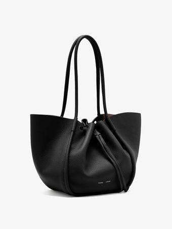 Side image of Large Ruched Tote in Soft Pebbled Calf in Black