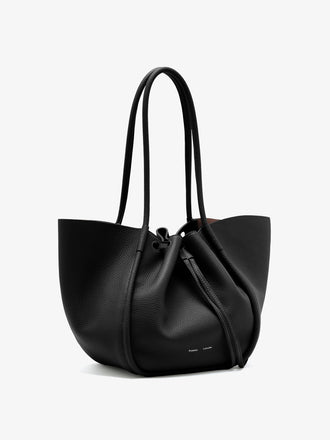 Side image of Large Ruched Tote in Soft Pebbled Calf in Black