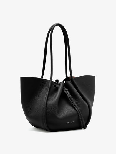 Side image of Large Ruched Tote in Soft Pebbled Calf in Black