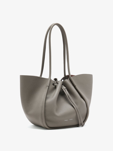 Side image of Large Ruched Tote in Soft Pebbled Calf in Slate