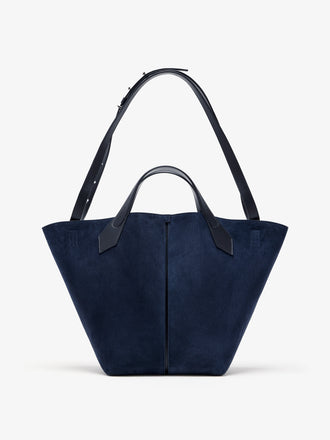 Proenza Schouler Front image of Large Chelsea Tote in Soft Suede in Dark Navy with Shoulder Strap Extended