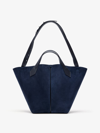 Proenza Schouler Front image of Large Chelsea Tote in Soft Suede in Dark Navy with Shoulder Strap Extended
