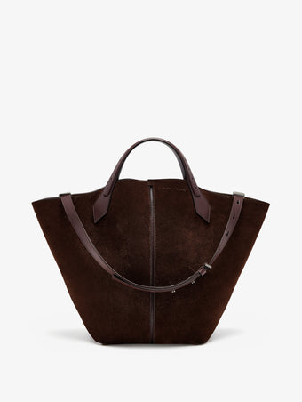Front image of Large Chelsea Tote in Soft Suede in Chocolate