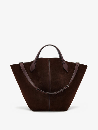 Front image of Large Chelsea Tote in Soft Suede in Chocolate