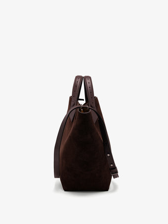 Side image of Large Chelsea Tote in Soft Suede in Chocolate