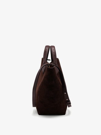 Side image of Large Chelsea Tote in Soft Suede in Chocolate