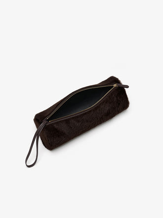 Proenza Schouler Aerial image of Silo Clutch in Shearling in Chocolate