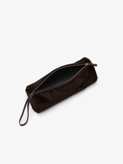 Proenza Schouler Aerial image of Silo Clutch in Shearling in Chocolate