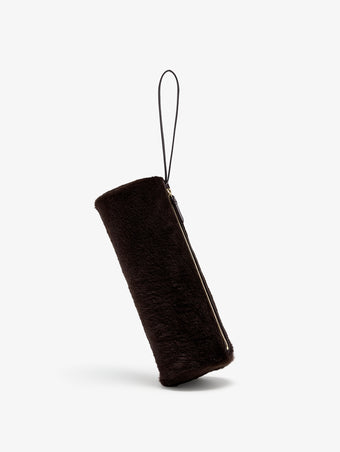 Proenza Schouler Front image of Silo Clutch in Shearling in Chocolate held vertically