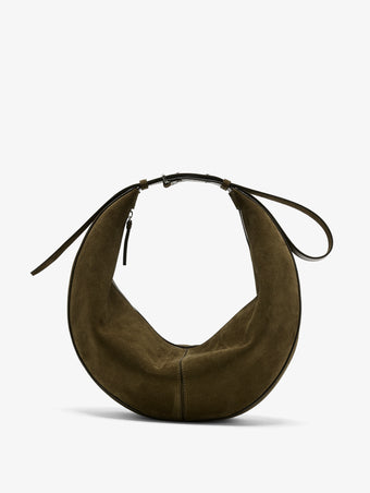 Proenza Schouler Front image of Hobo Slide Bag in Soft Suede in Olive cinched
