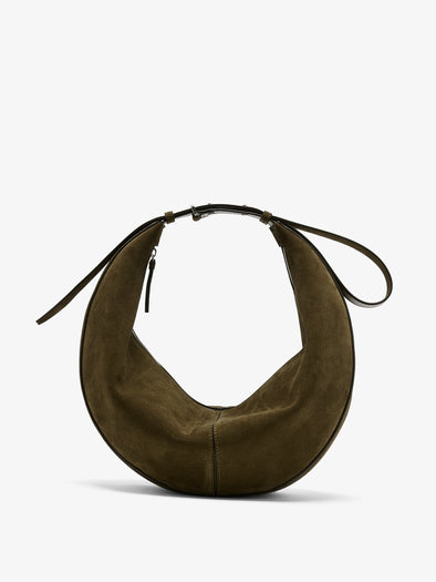 Proenza Schouler Front image of Hobo Slide Bag in Soft Suede in Olive cinched