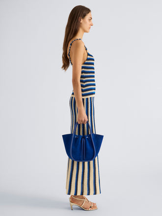 Proenza Schouler Image of model wearing Small Ruched Tote in Soft Suede in Cobalt