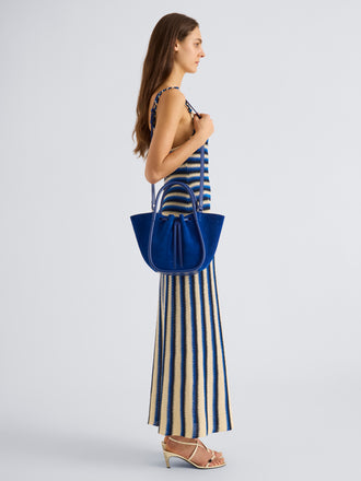 Proenza Schouler Image of model wearing Small Ruched Tote in Soft Suede in Cobalt