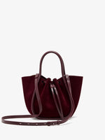 Proenza Schouler Front image of Small Ruched Tote in Soft Suede in Oxblood with Shoulder Strap Extended