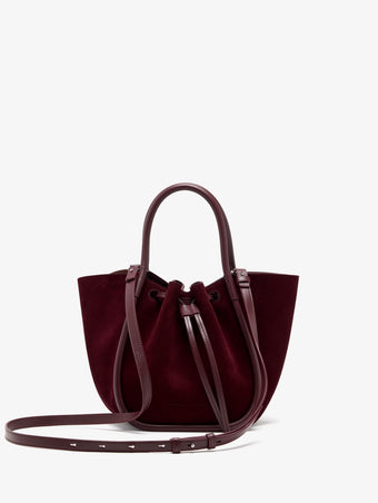 Proenza Schouler Front image of Small Ruched Tote in Soft Suede in Oxblood with Shoulder Strap Extended