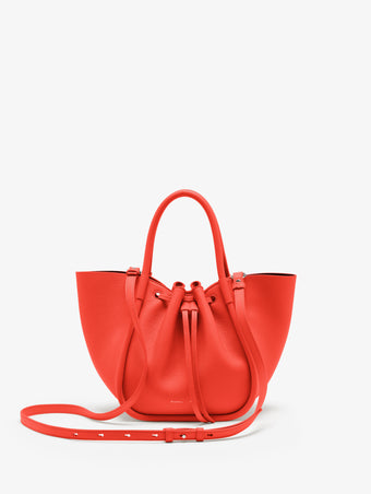Proenza Schouler Front image of Small Ruched Tote in Vermillion with strap extended