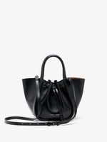Proenza Schouler Front image of Small Ruched Tote in Soft Shiny Calf in Black with strap extended