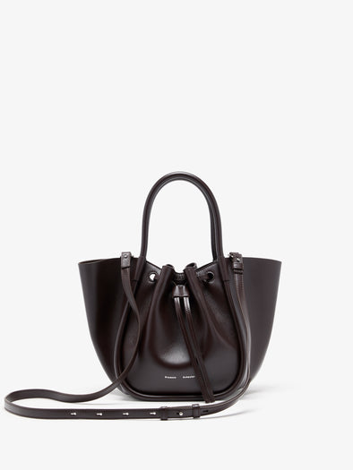 Proenza Schouler Front image of Small Ruched Tote in Espresso with strap extended
